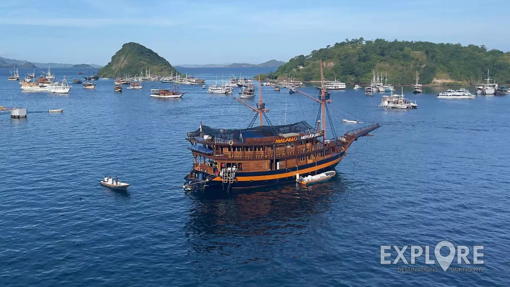 Labuan Bajo with Phinisi boats anchored in the harbor